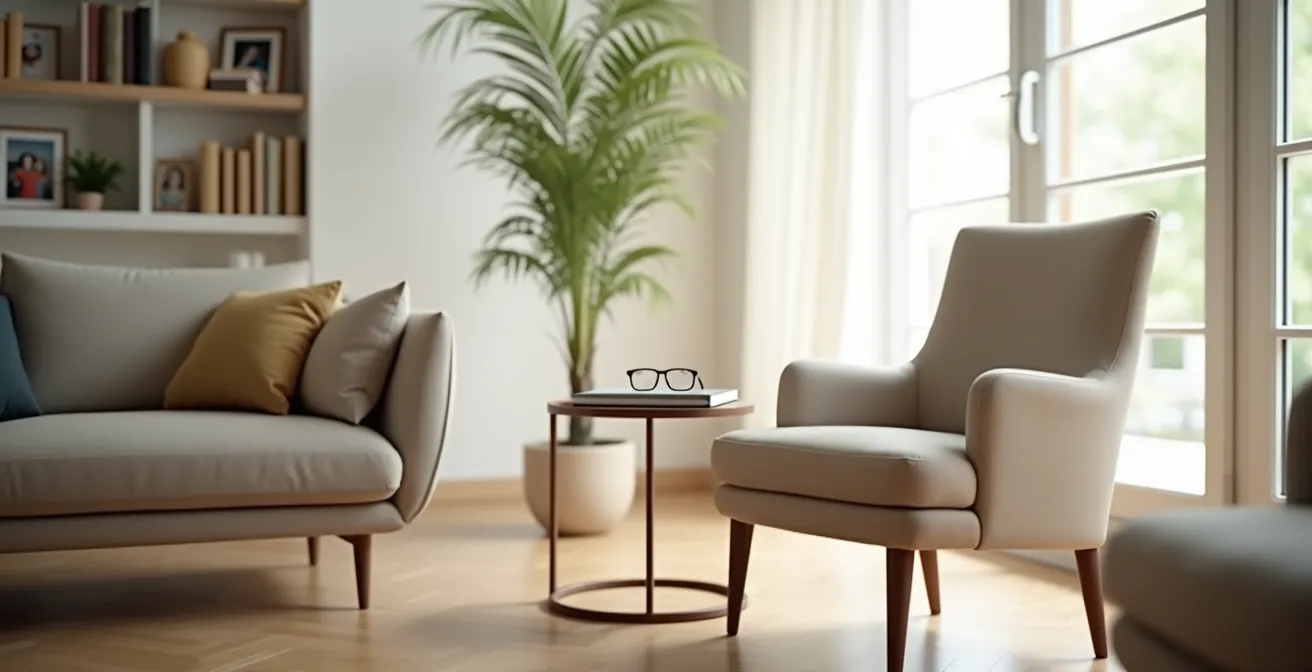 Ambiente domestico ben illuminato con poltrona comoda posizionata vicino alla finestra, ideale per una televisita