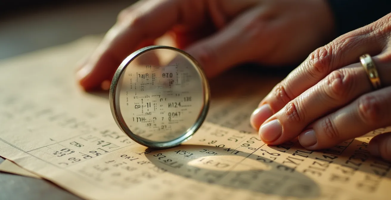 Dettaglio ravvicinato di documenti contributivi analizzati con lente di ingrandimento