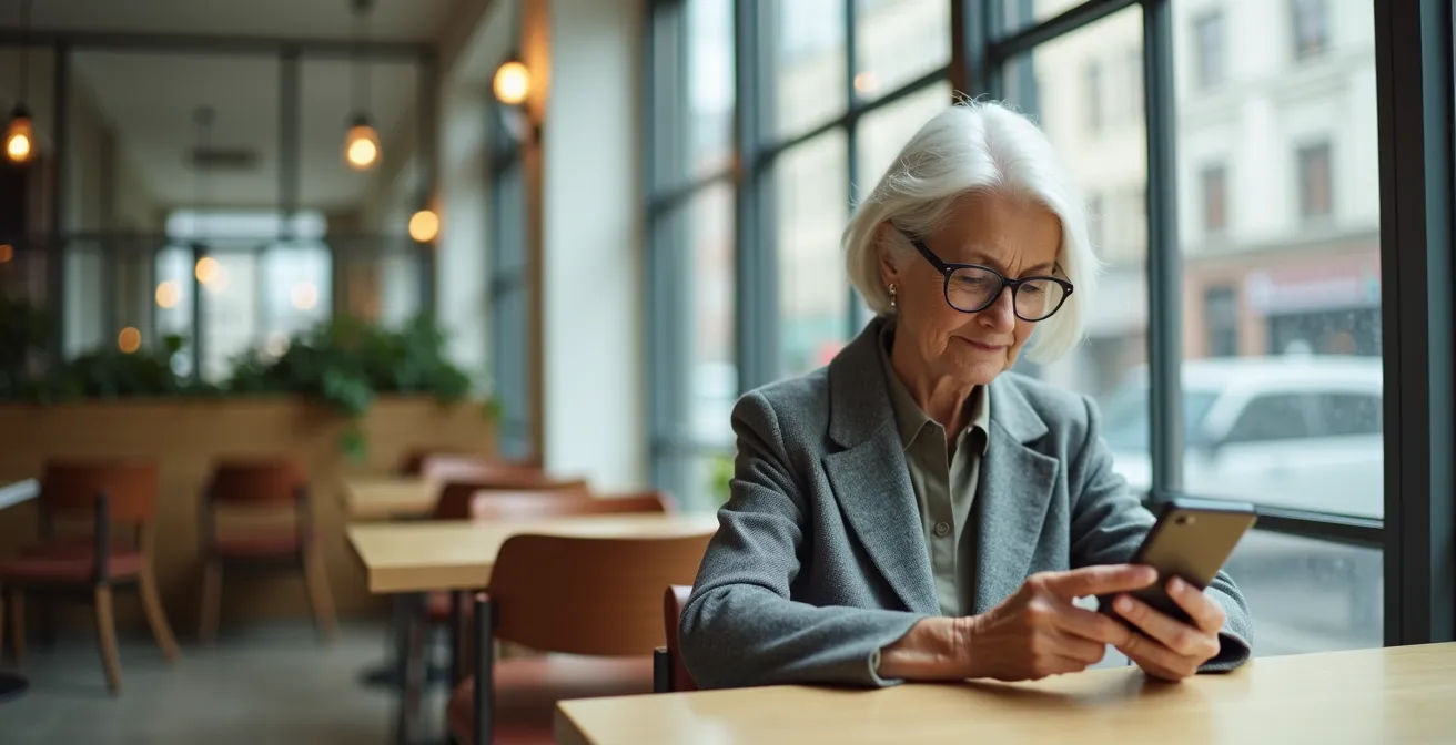 Donna anziana che usa smartphone con app trasporti pubblici in ambiente luminoso e moderno