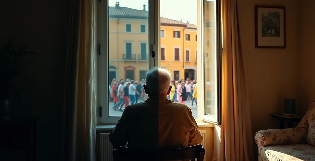 Contrasto visivo tra anziano isolato in casa e anziano attivo all'esterno