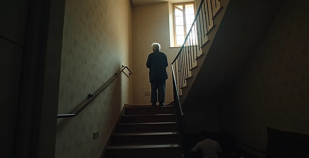 Anziano davanti a scale ripide in casa con barriere architettoniche