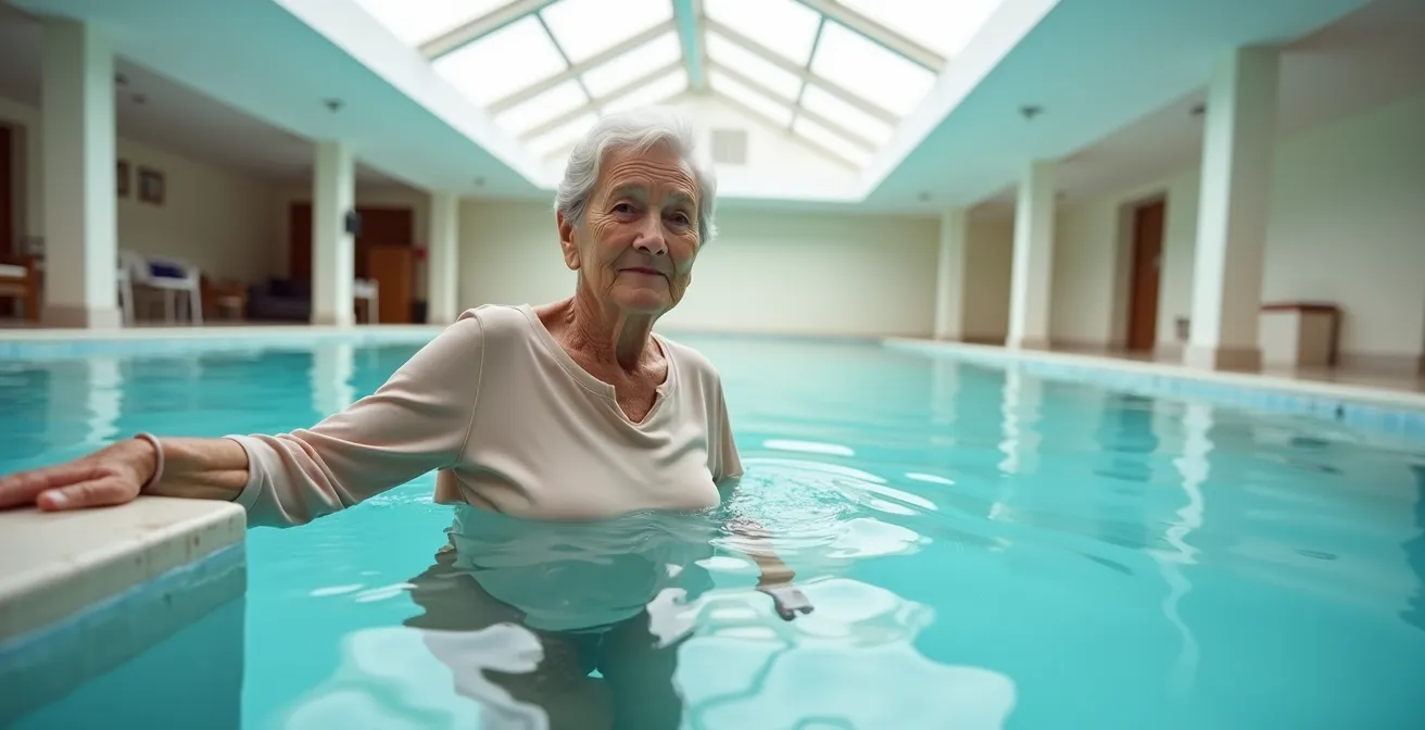 Persona anziana in piscina con acqua al petto mantiene una mano sul bordo vasca per sicurezza
