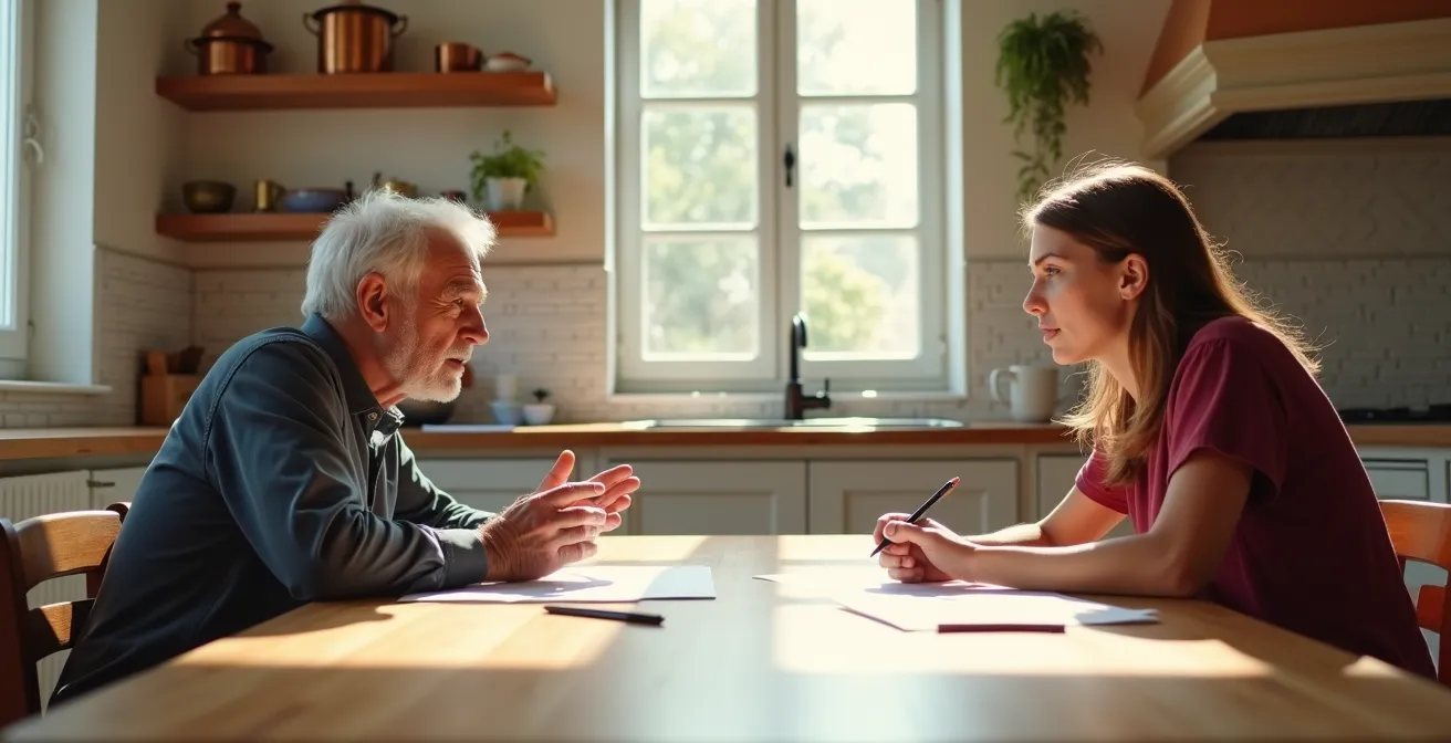 Anziano e studente seduti al tavolo della cucina mentre discutono e scrivono insieme le regole di casa