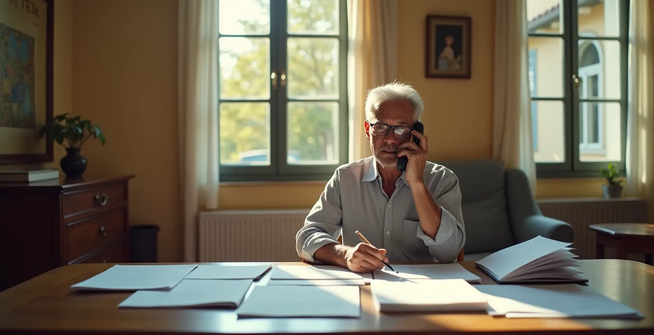 Persona anziana al telefono con documenti organizzati sul tavolo in ambiente domestico sereno