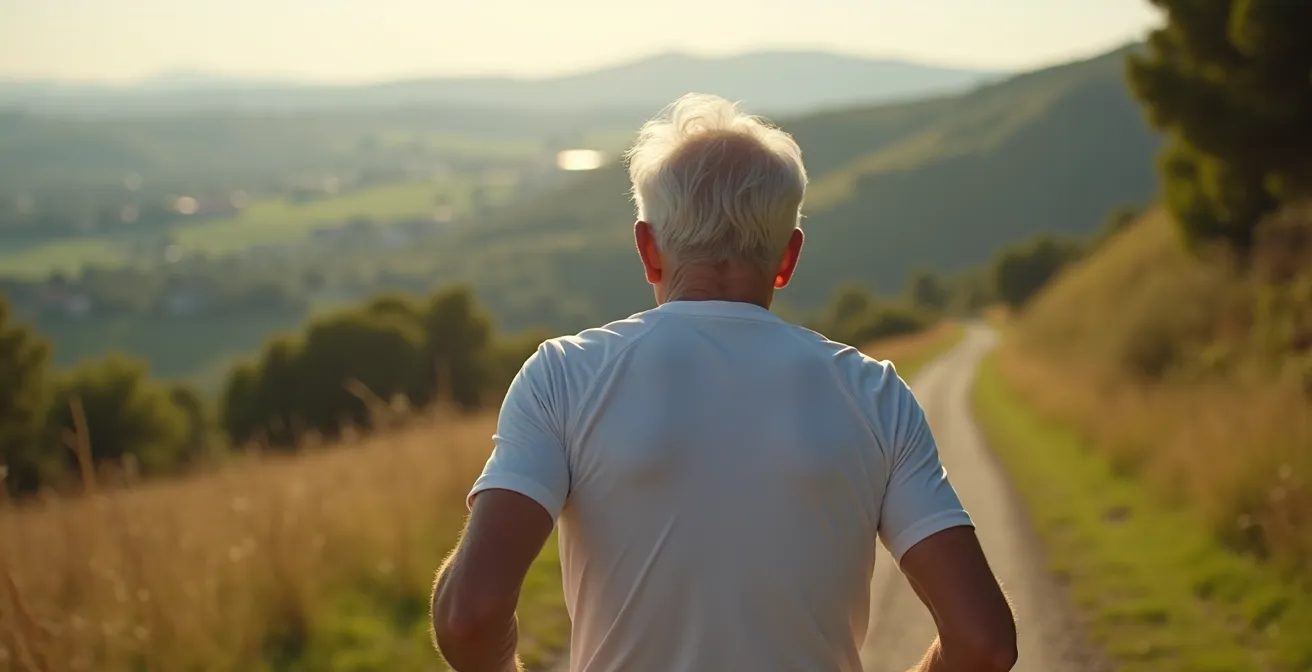 Primo piano sulla schiena di un senior durante la spinta del bastoncino, muscoli dorsali visibili