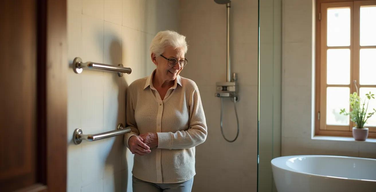 Bagno moderno accessibile con doccia a filo pavimento e maniglioni di sostegno dal design elegante