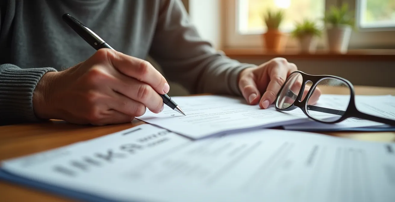 Mano che compila modulo contributi INPS con calcolatrice