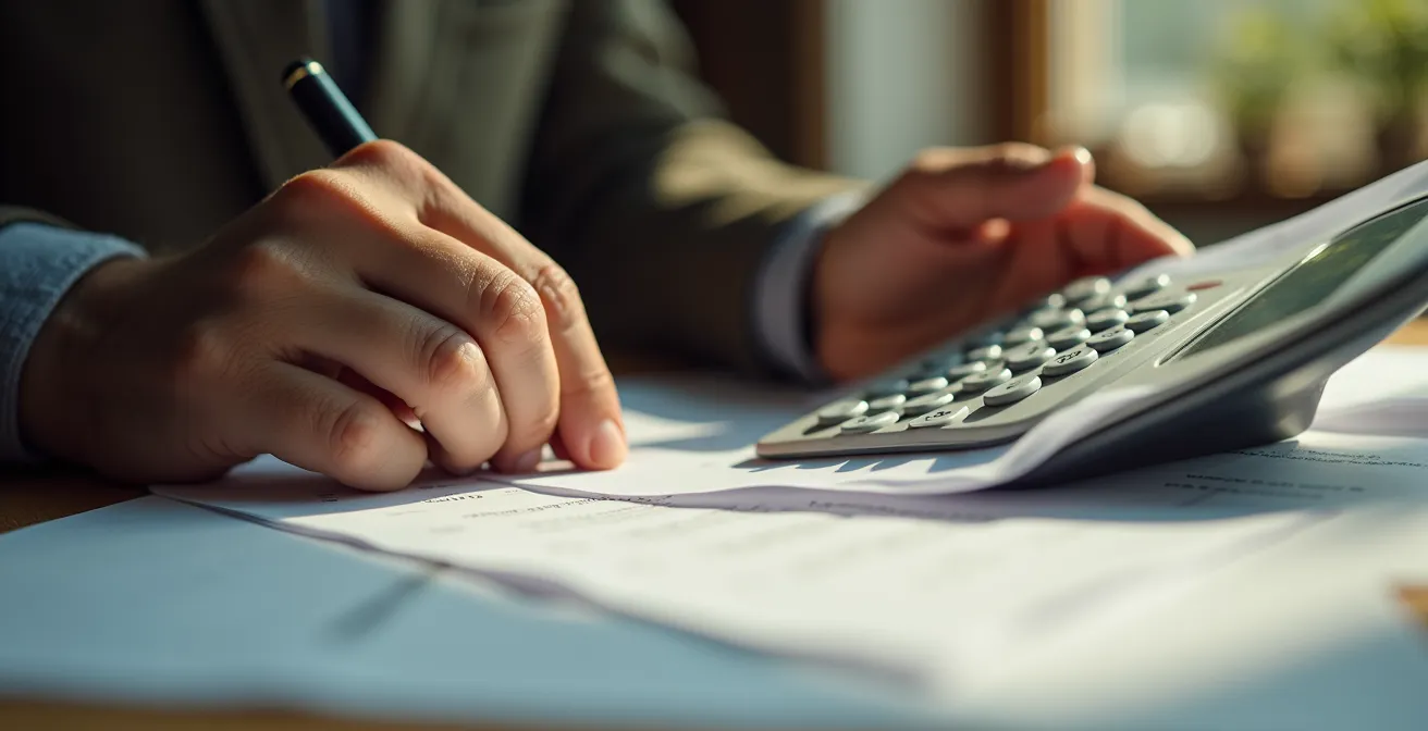 Persona analizza documenti finanziari per calcolo ISEE corrente dopo perdita lavoro