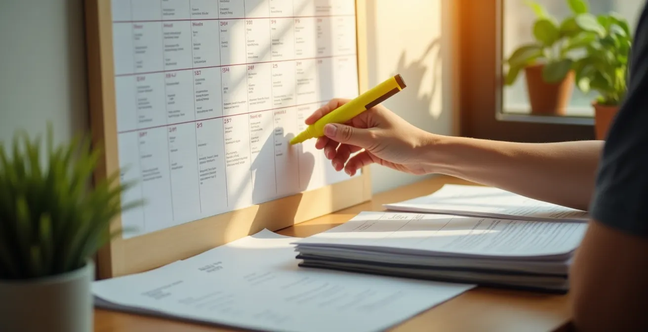 Mano con evidenziatore che segna date su calendario con documenti preparati accanto