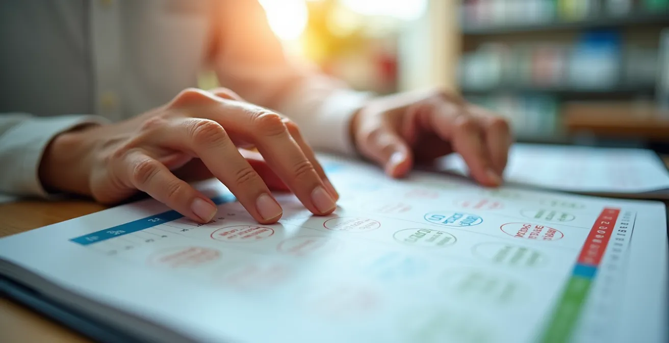 Vista macro di mani anziane che sfogliano un calendario con date evidenziate