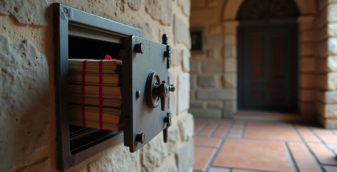 Cassaforte antica aperta con documenti importanti all'interno