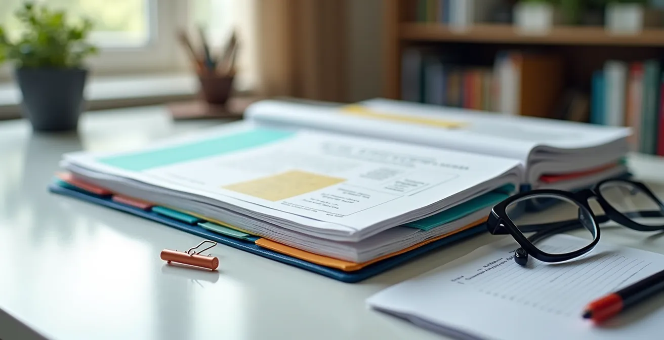 Fascicolo aperto con certificati medici organizzati per specialità, etichette colorate visibili