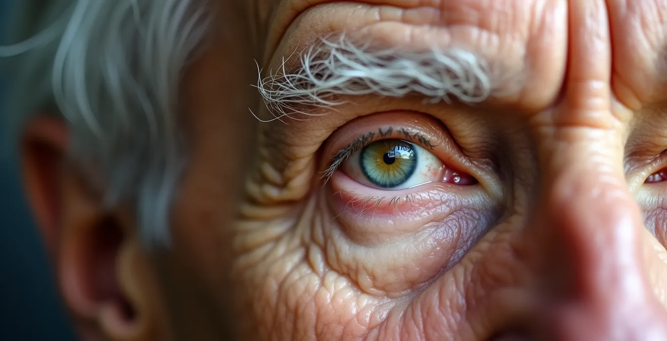 Primo piano di volto anziano concentrato durante esercizio di pilates, focus sullo sguardo