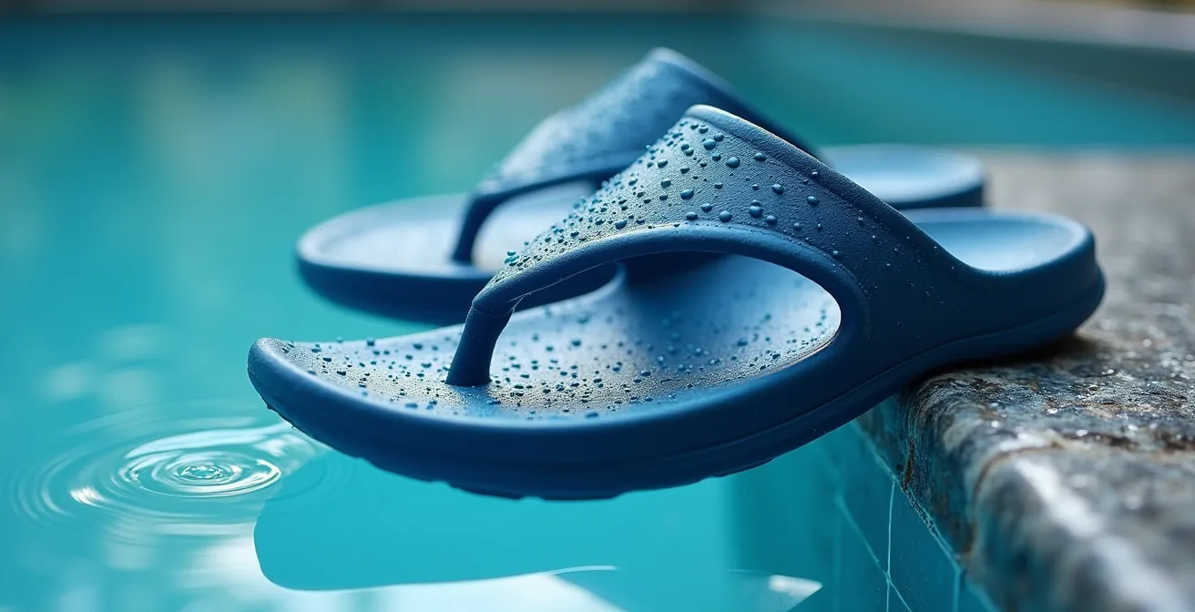 Dettaglio di ciabatte in gomma antiscivolo su bordo piscina bagnato con texture antiscivolo visibile