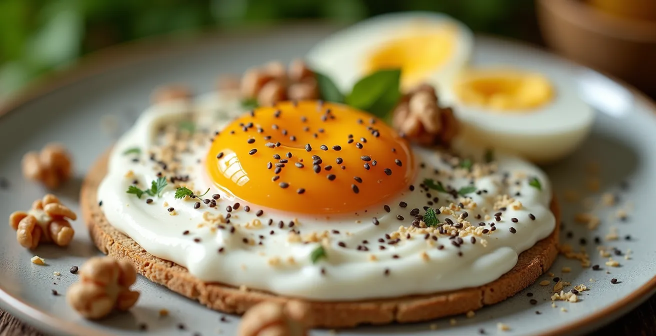 Tavola per colazione con yogurt greco, uova, ricotta e frutta fresca, esempio di pasto proteico per senior.