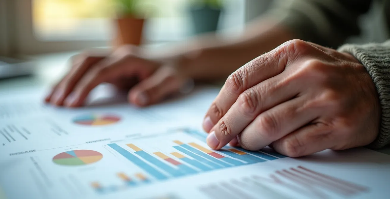 Mani di anziano che tengono documenti finanziari con grafici colorati sfocati sullo sfondo