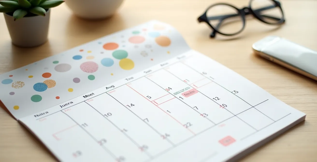 Calendario estivo con segnalini colorati e carta abbonamento sfocata su tavolo