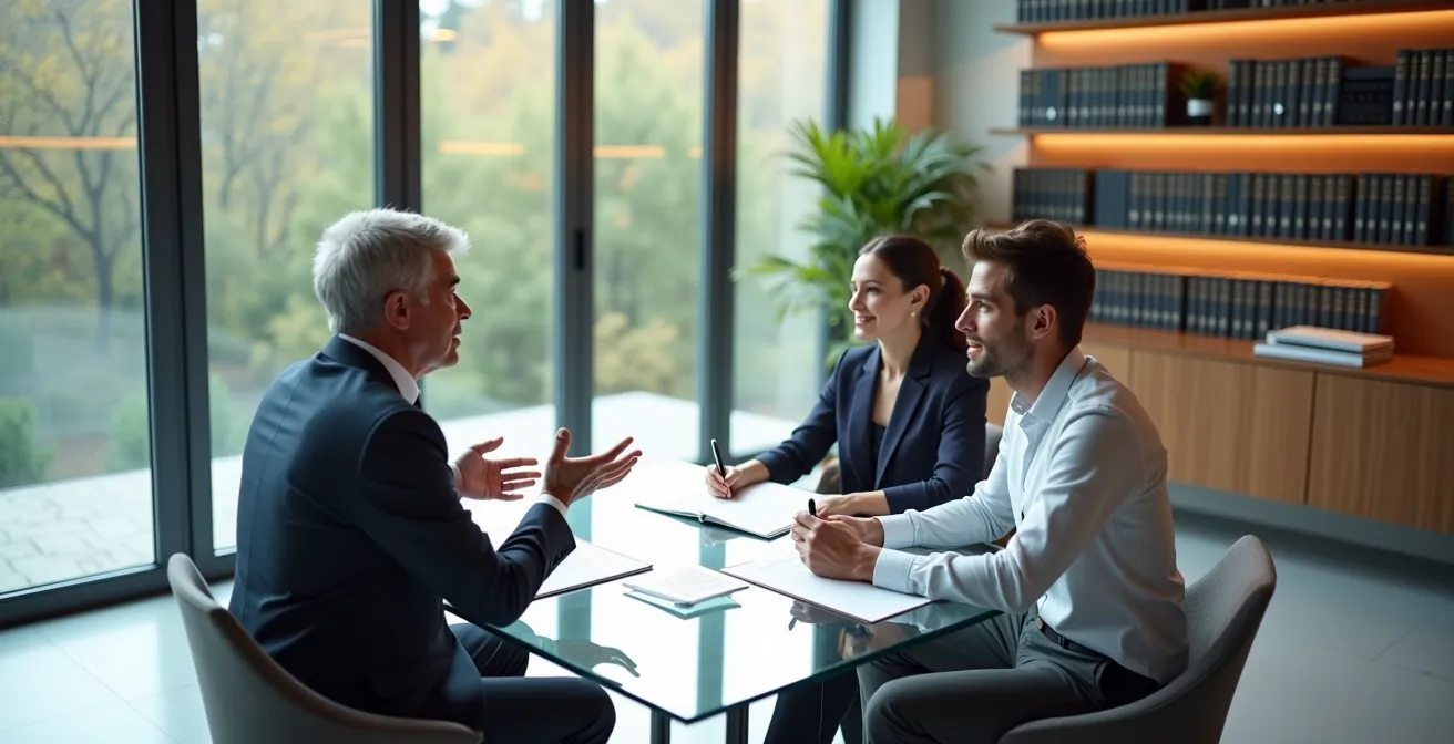 Notaio che spiega documenti successori a famiglia italiana