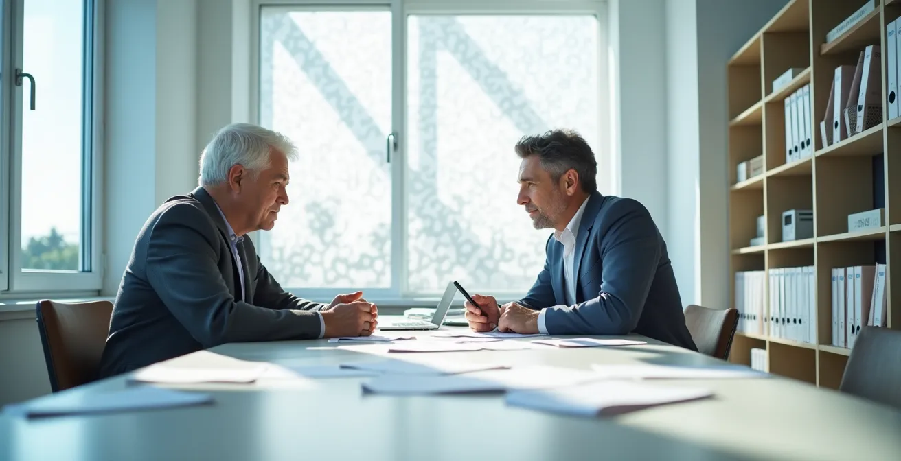 Professionista del patronato esamina documenti per ricorso con cliente anziano