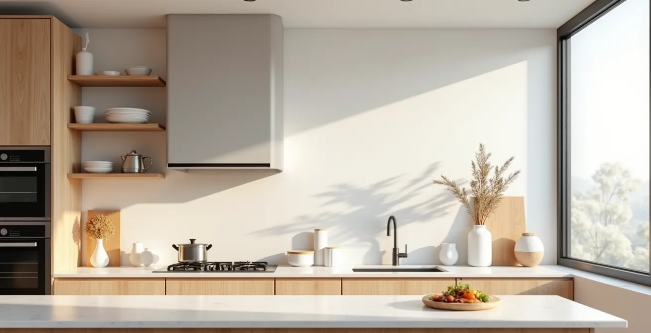 Vista laterale di cucina con zone colorate che indicano i livelli di accessibilità ergonomica