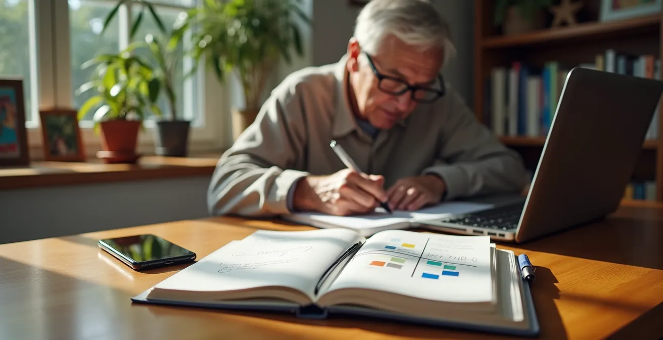 Quaderno aperto con mano anziana che annota progressi digitali quotidiani