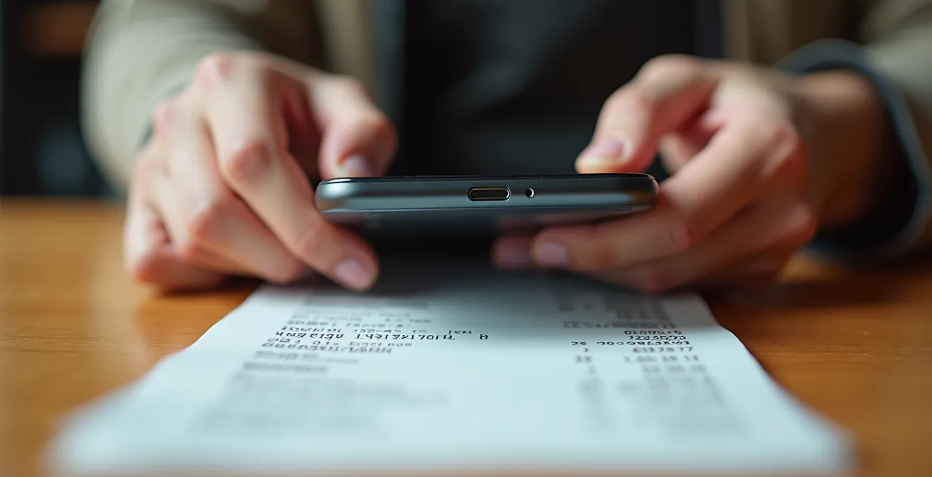 Dettaglio macro di smartphone che fotografa scontrino fiscale