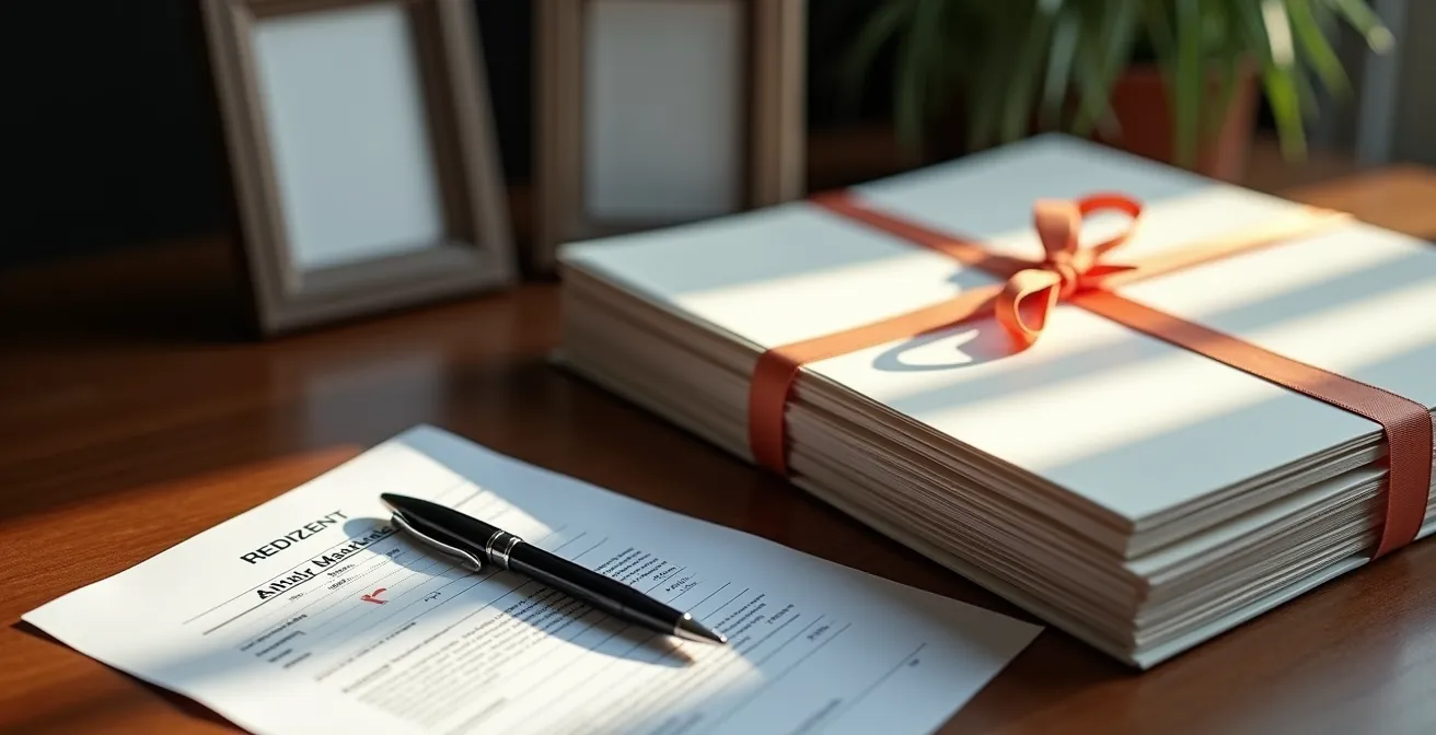 Scrivania con documenti sanitari organizzati e fotografia di famiglia