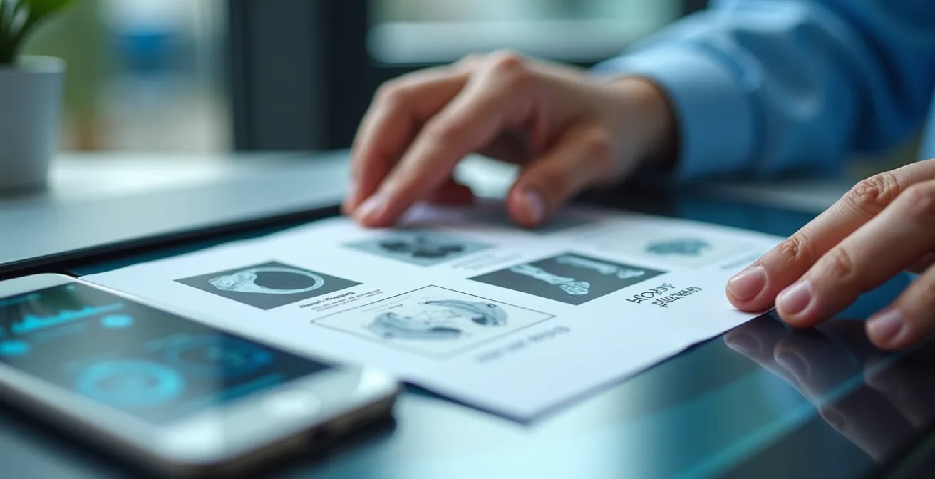 Mani che posizionano un referto medico su scanner con smartphone che mostra app di scansione