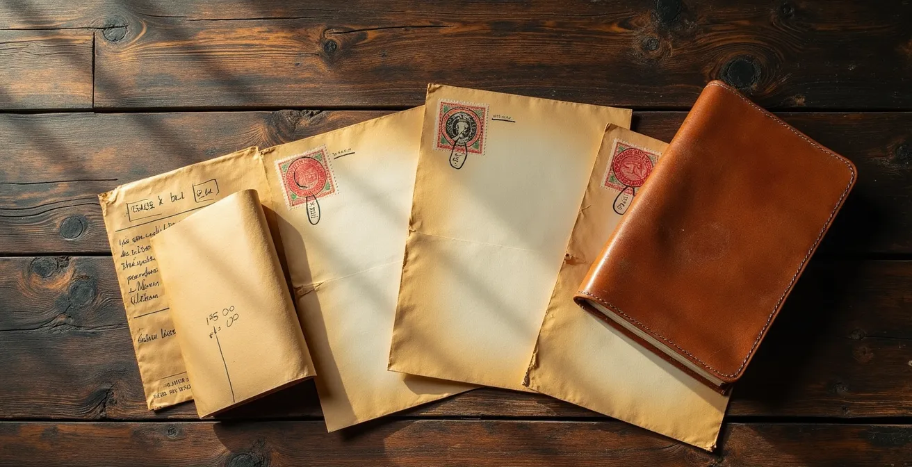 Documenti storici del lavoro disposti su tavolo con libretto lavoro e buste paga vintage