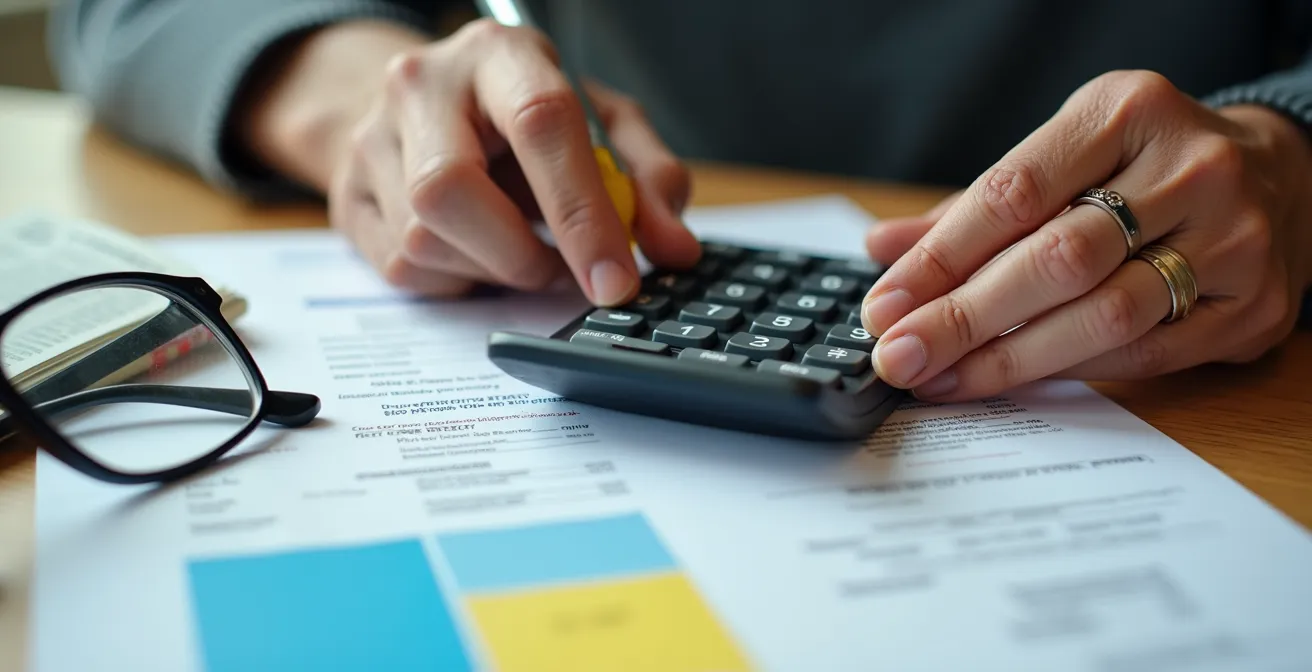 Mani di persona senior che esamina con calma un documento di viaggio con calcolatrice e evidenziatore