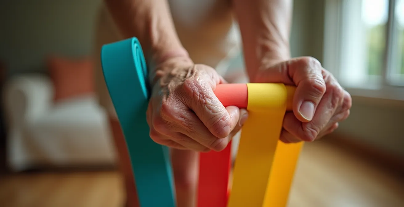 Dettaglio macro di mani anziane che afferrano elastici da fitness colorati