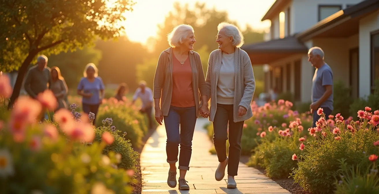 Famiglia che visita con anziano una struttura residenziale luminosa