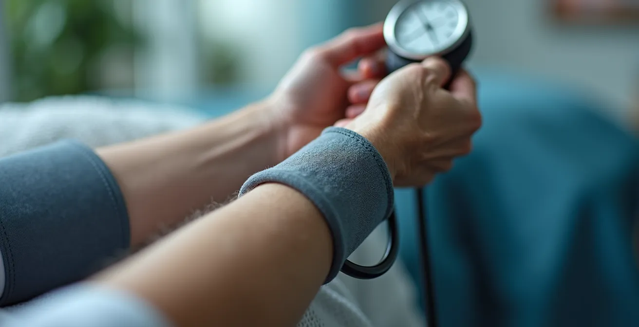 Farmacista che misura la pressione a un paziente anziano in farmacia moderna