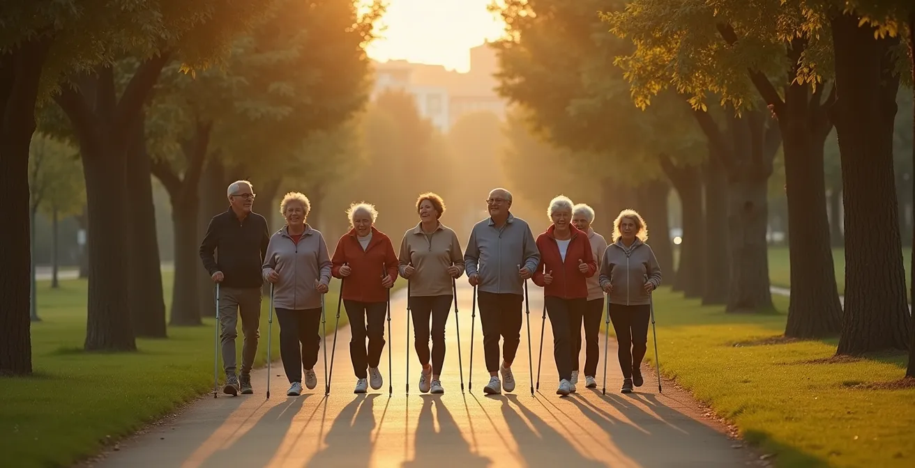 Gruppo di anziani che camminano insieme nel parco del quartiere