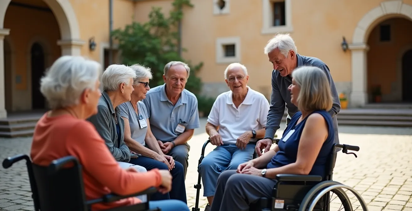 Gruppo di turisti senior con accompagnatore in un cortile di castello accessibile