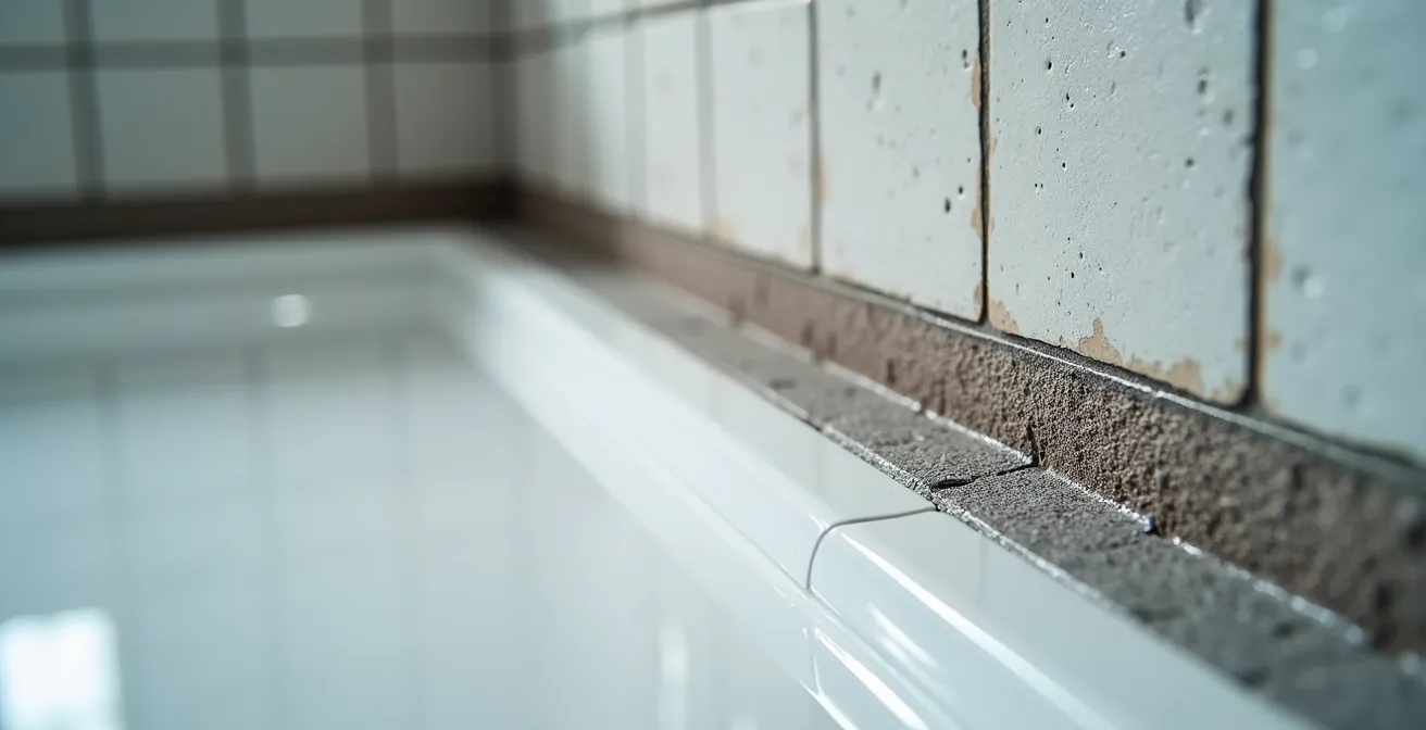 Dettaglio macro della sigillatura impermeabile tra piatto doccia e rivestimento murale