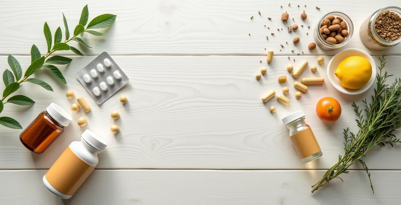 Composizione minimalista di farmaci e piante medicinali su superficie neutra