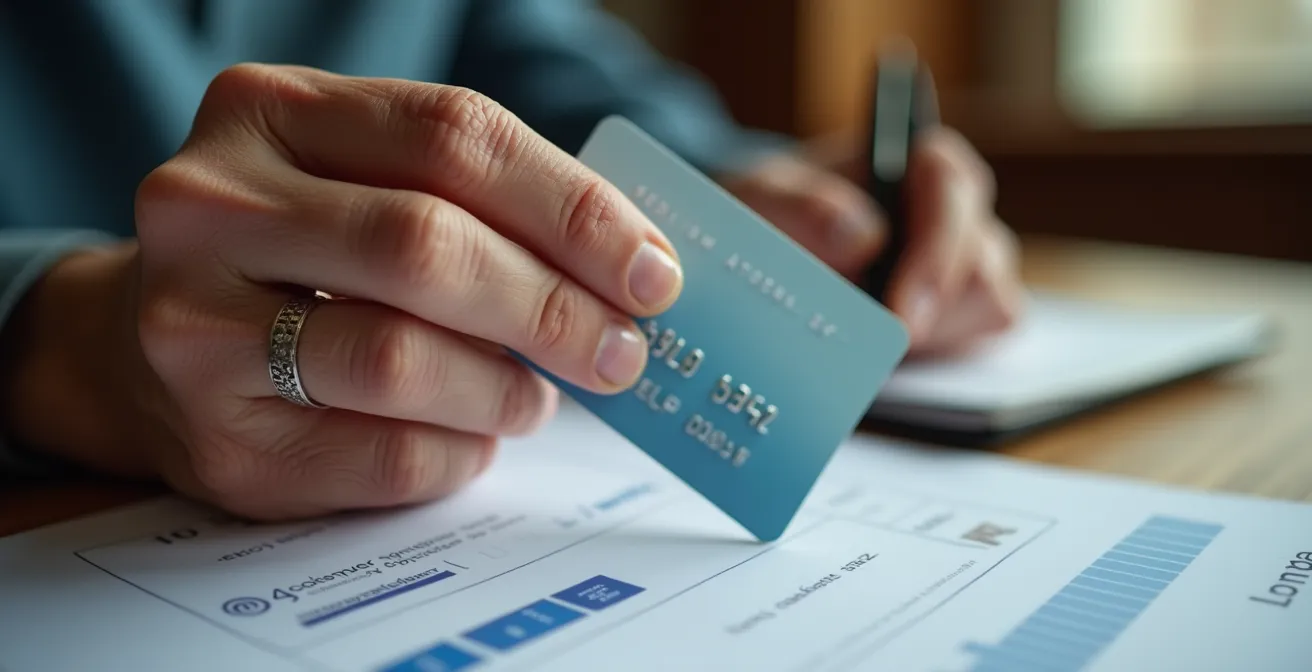 Mani anziane che tengono una carta prepagata con documenti sfocati sullo sfondo