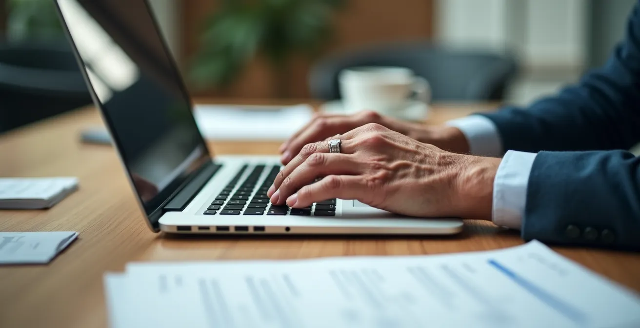 Mani di persona anziana che compila un modulo online al computer con documenti sul tavolo