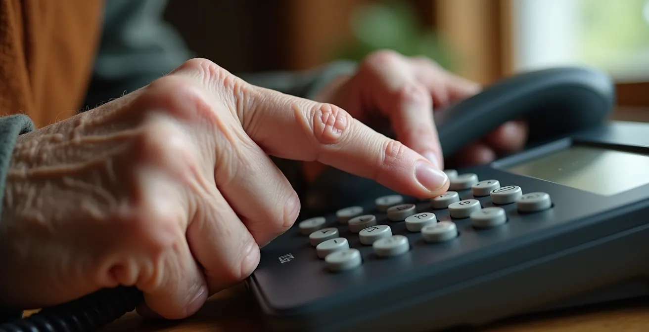 Mani di persona anziana che compongono numero emergenza su telefono