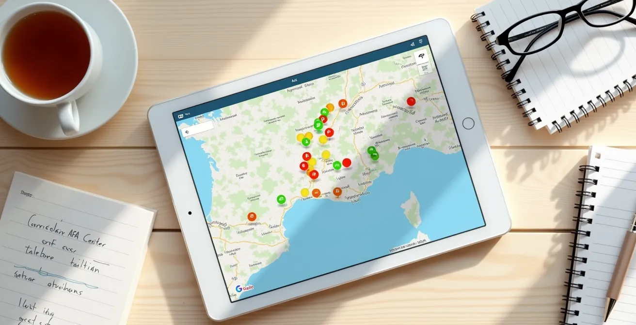 Vista dall'alto di una mappa digitale con indicatori colorati dei centri AFA certificati