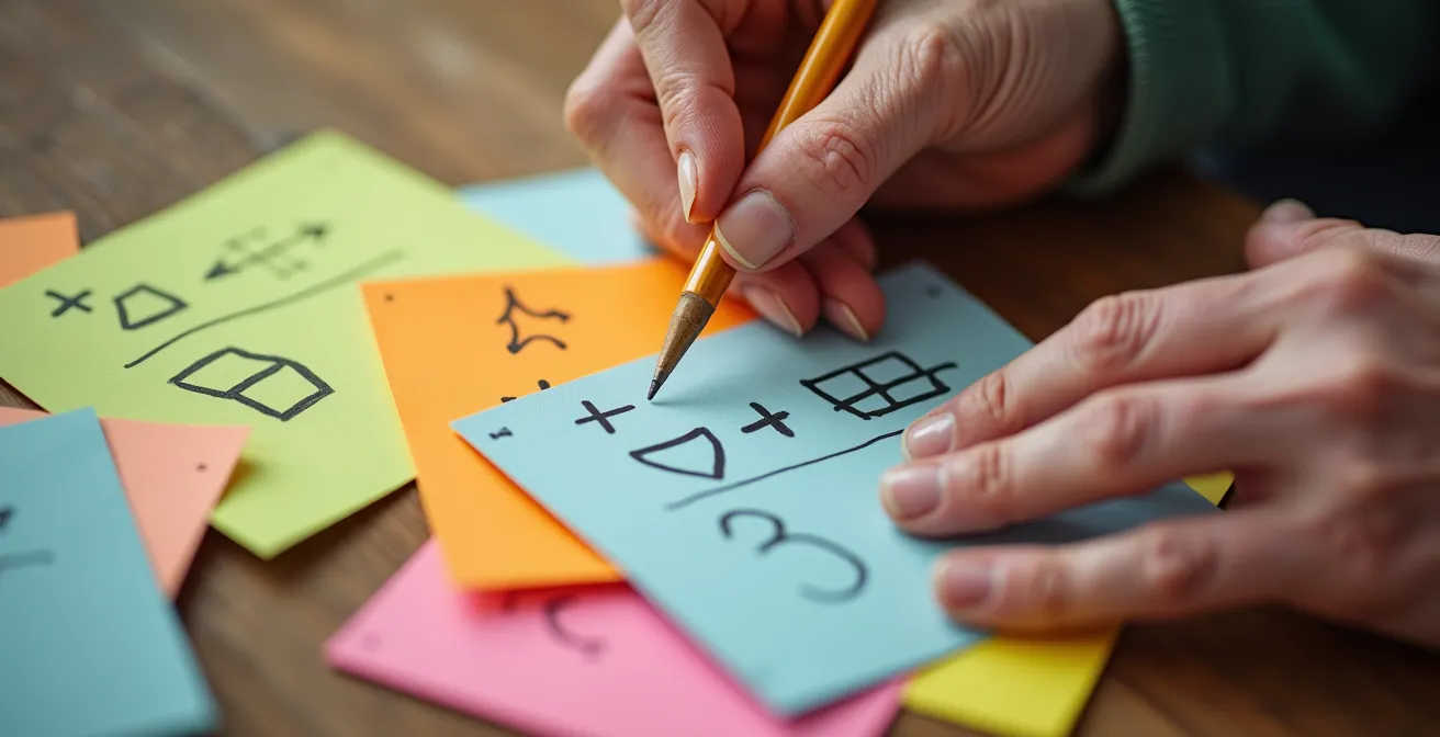 Mani anziane che compilano schede colorate con passaggi numerati e icone disegnate