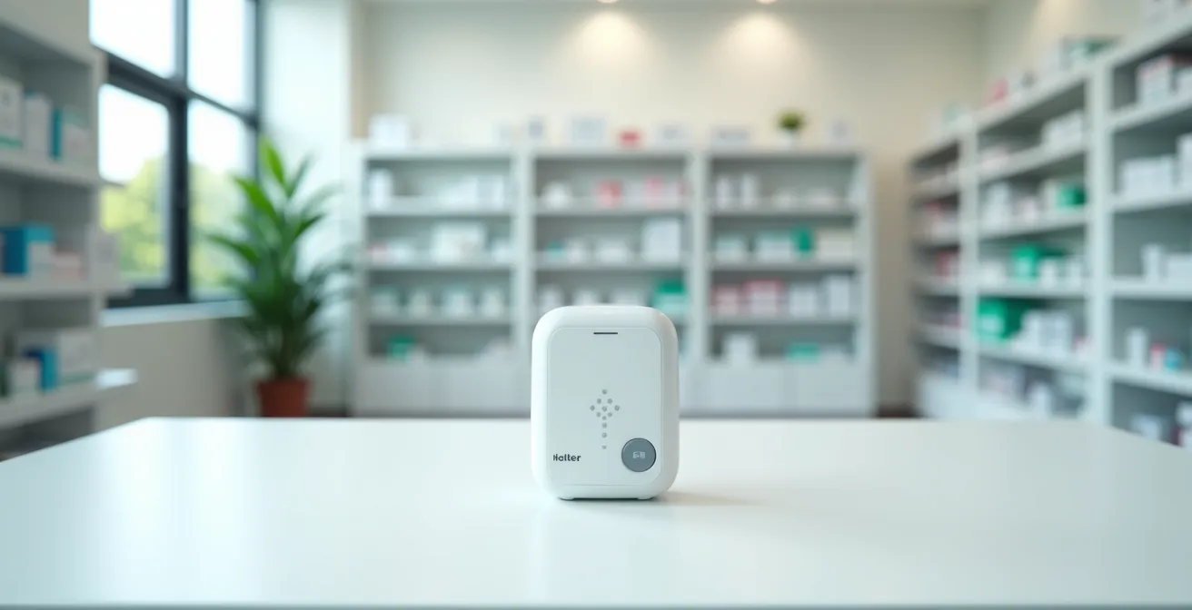 Ambiente minimalista di farmacia con dispositivo holter e spazio negativo
