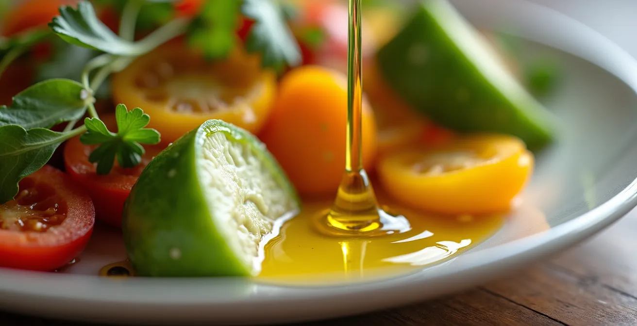 Primo piano di olio dorato che viene versato su verdure colorate appena cotte