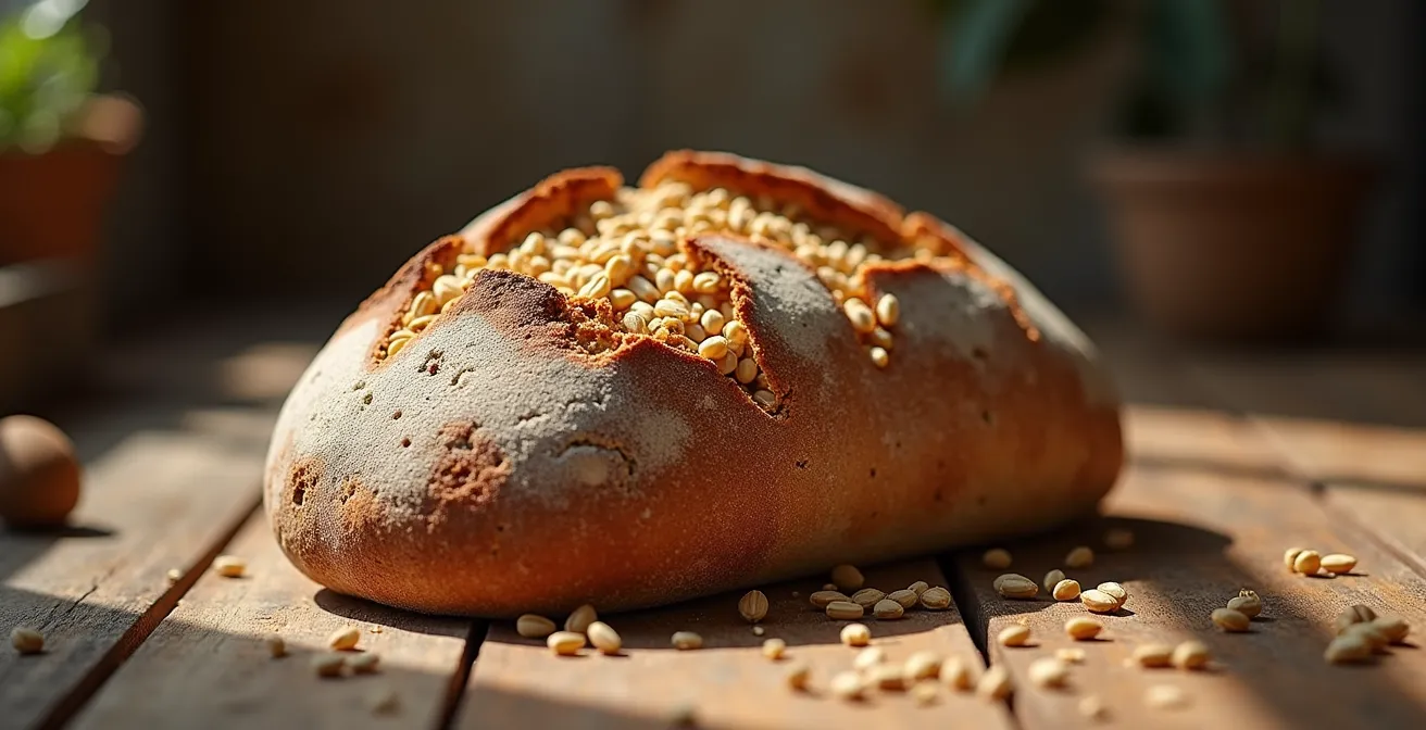 Pagnotta di pane scuro integrale spezzata a mano mostrando la mollica rustica su tavolo di legno