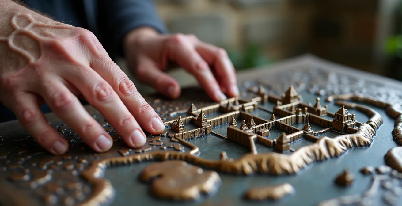 Dettaglio ravvicinato di mani che esplorano una mappa tattile in rilievo di un castello medievale