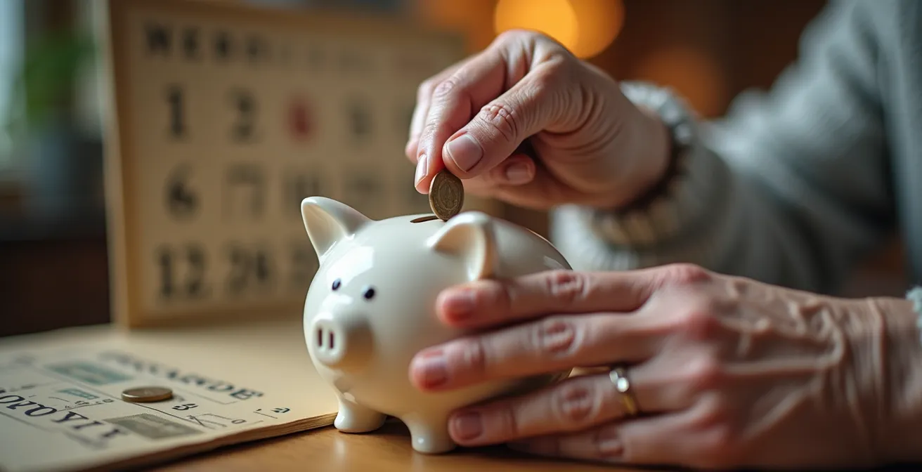 Mani anziane che inseriscono monete in salvadanaio con calendario dicembre sfocato