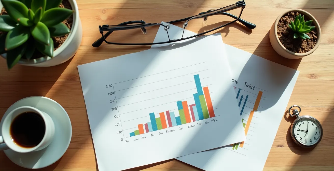 Vista aerea di un tavolo con documenti finanziari e una tazza di caffè in ambiente domestico italiano