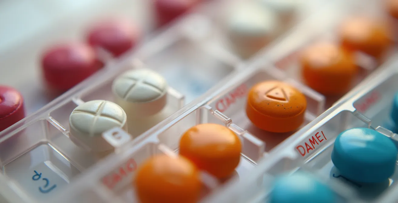 Vista macro di un portapillole settimanale colorato con pillole organizzate per giorni