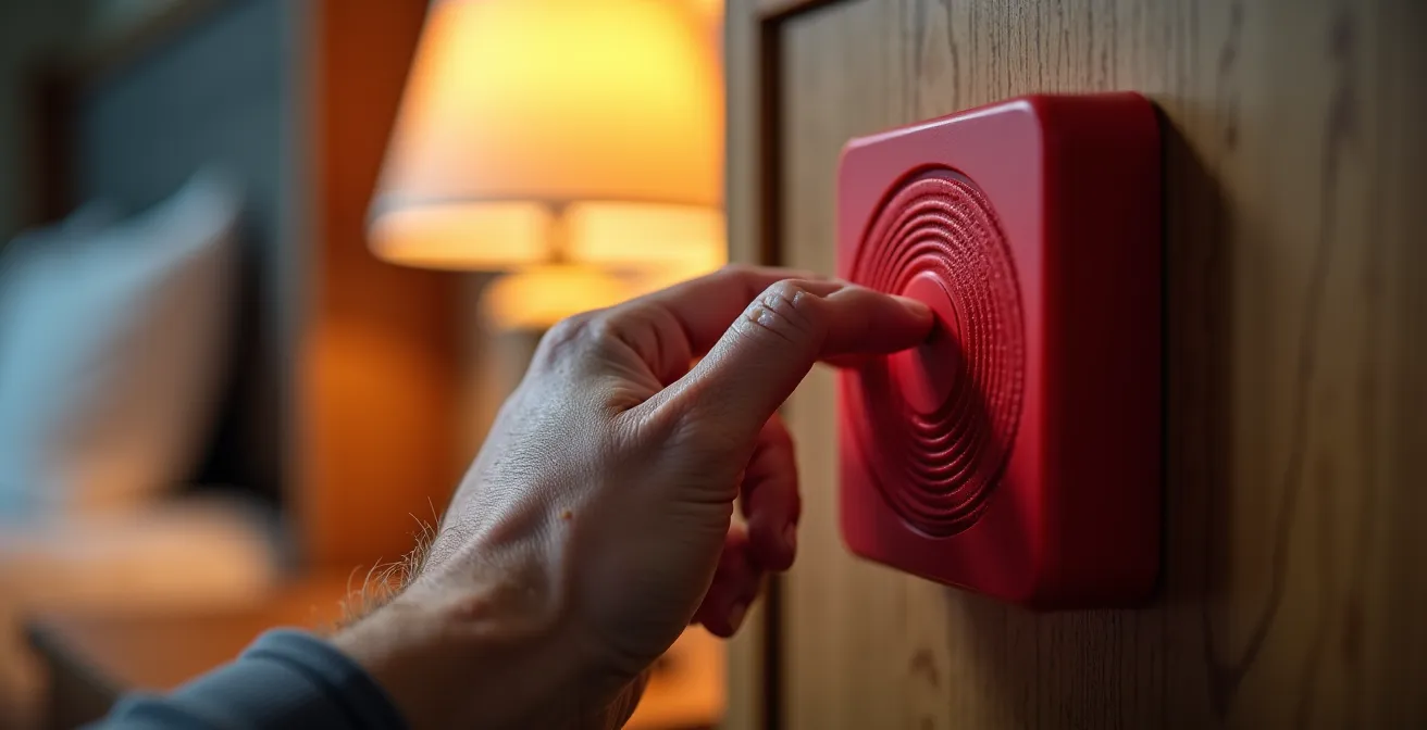 Pulsante di emergenza smart posizionato accanto al letto con assistente vocale in sottofondo